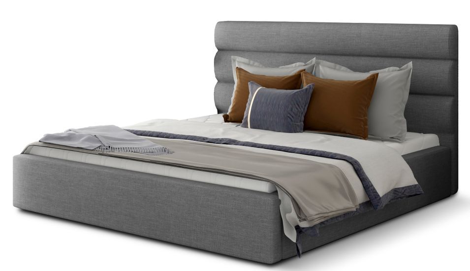 Lit adulte avec coffre de rangement Klarina - Tissu rembourré - Photo n°1