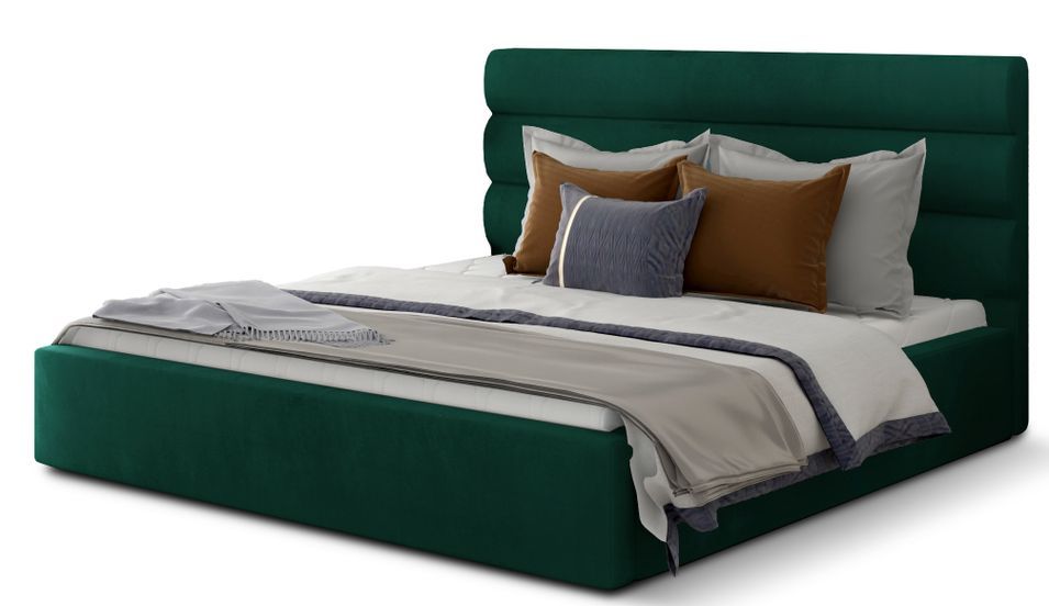 Lit adulte avec coffre de rangement Klarina - Velours rembourré - Photo n°1