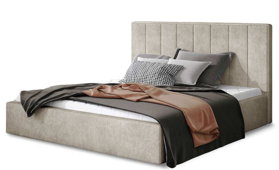 Lit adulte avec coffre de rangement Vareza – Tissu matelassé - Photo n°1