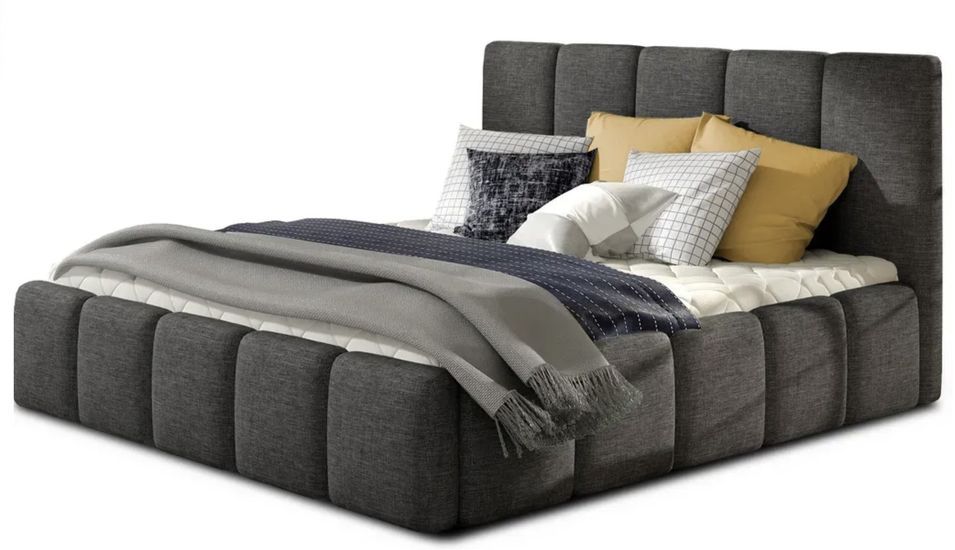 Lit adulte avec coffre de rangement Vika – Tissu capitonné - Photo n°1