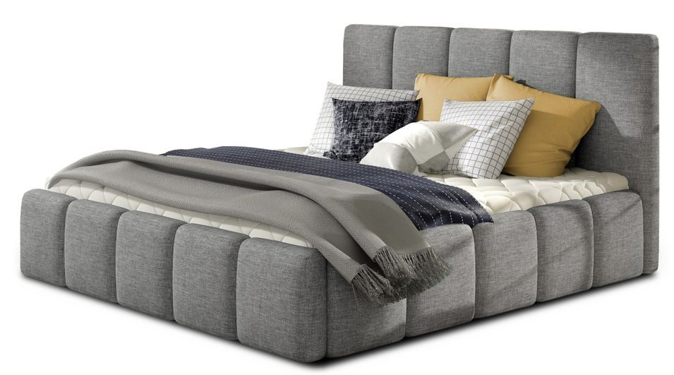 Lit adulte avec coffre de rangement Vika – Tissu capitonné - Photo n°1