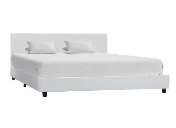 Lit adulte simili cuir blanc et pieds bois massif noir Nyam 160x200 cm - Photo n°1