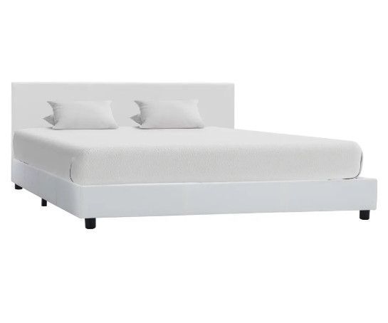 Lit adulte simili cuir blanc et pieds bois massif noir Nyam 180x200 cm - Photo n°1