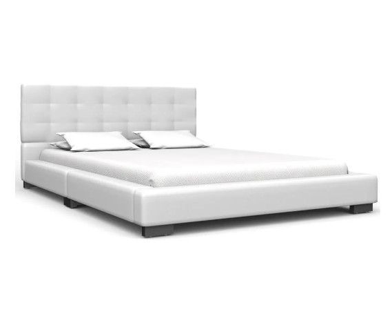 Lit adulte simili cuir blanc et pieds hévéa massif Bouné 120x200 cm - Photo n°1