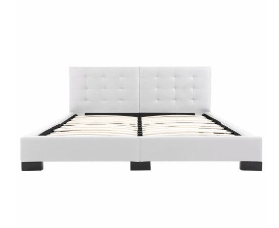 Lit adulte simili cuir blanc et pieds hévéa massif Bouné 160x200 cm - Photo n°1