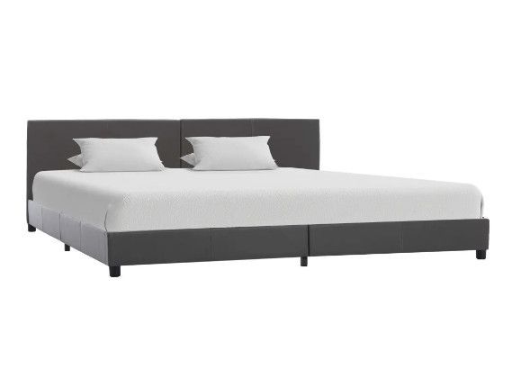 Lit adulte simili cuir gris et pieds bois massif noir Nyam 180x200 cm - Photo n°1