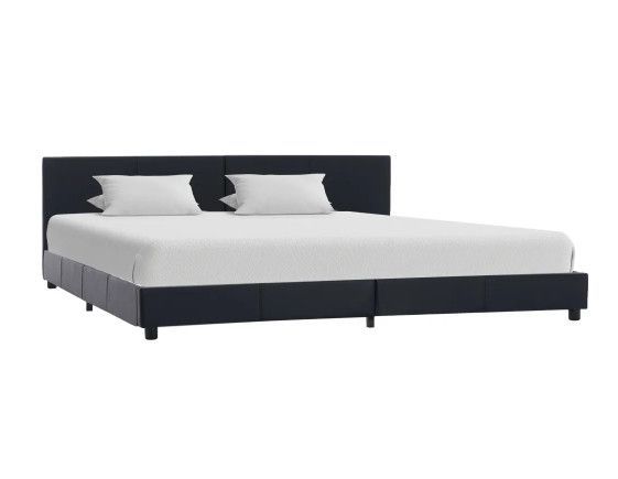 Lit adulte simili cuir noir et pieds bois massif noir Nyam 160x200 cm - Photo n°1