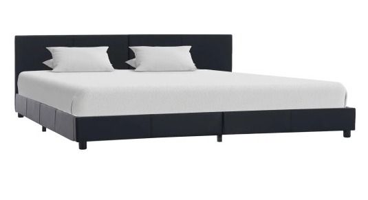 Lit adulte simili cuir noir et pieds bois massif noir Nyam 180x200 cm - Photo n°1