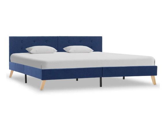 Lit adulte tissu bleu et pieds peuplier massif clair Said 180x200 cm - Photo n°1