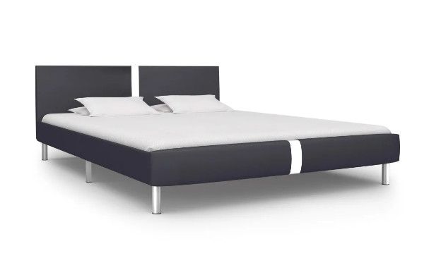 Lit adulte tissu simili cuir noir et pieds métal chromé Andou 160x200 cm - Photo n°1