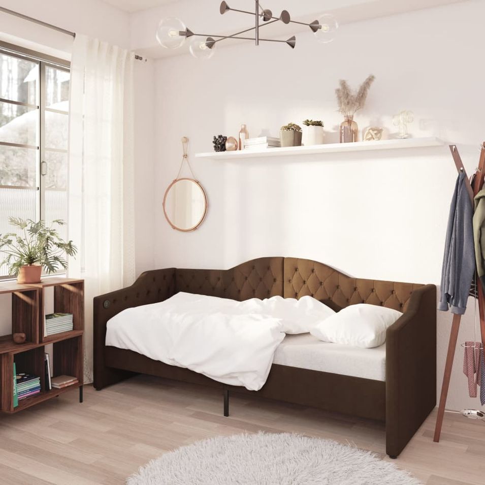Lit avec éclairage USB Marron foncé Tissu 90x200 cm 3 - Photo n°1