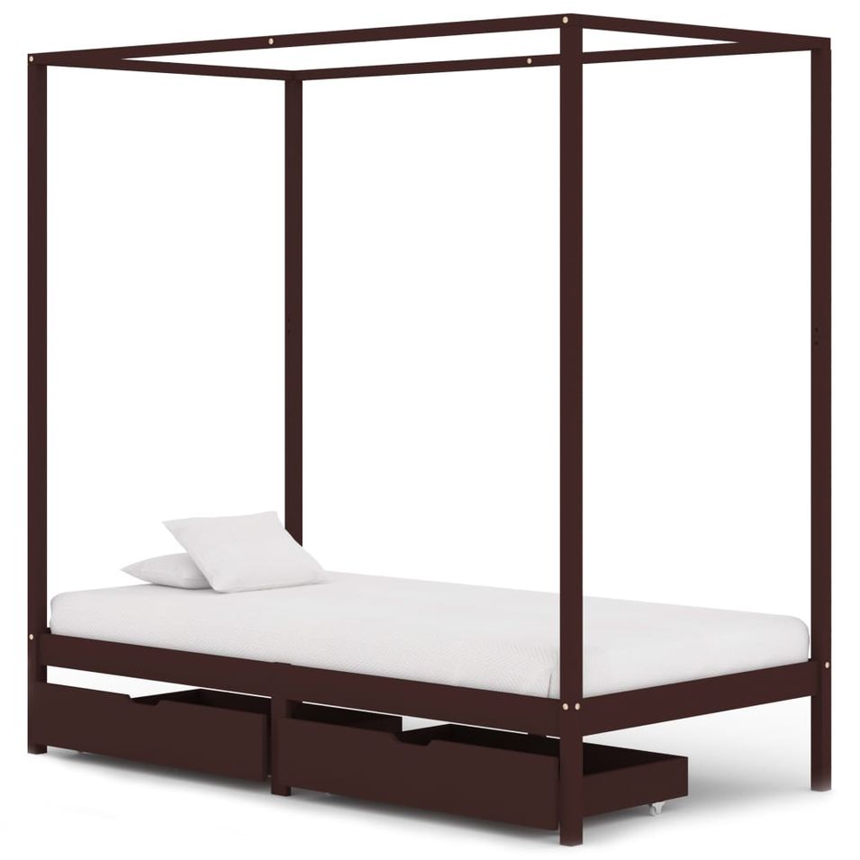 Lit baldaquin et 2 tiroirs Marron foncé Pin 100x200 cm - Photo n°1