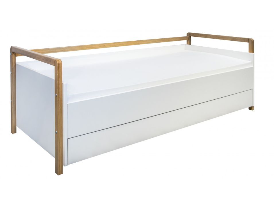 Lit banquette scandinave avec tiroirs blanc et bois de chêne vernis Vanika 80x180 cm - Photo n°1
