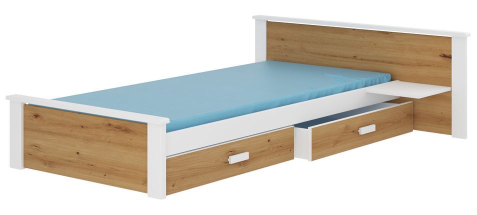Lit bois pin blanc et bois artisan 90x200 cm avec 1 chevet et 2 tiroirs de rangement Lydia - Photo n°1