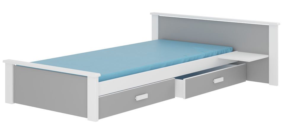 Lit bois pin blanc et bois gris clair 90x200 cm avec 1 chevet et 2 tiroirs de rangement Lydia - Photo n°1