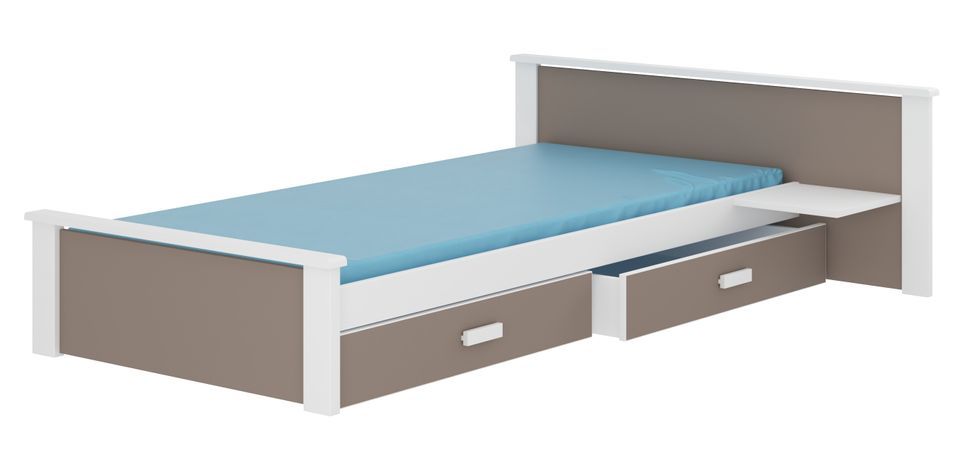 Lit bois pin blanc et bois taupe 90x200 cm avec 1 chevet et 2 tiroirs de rangement Lydia - Photo n°1