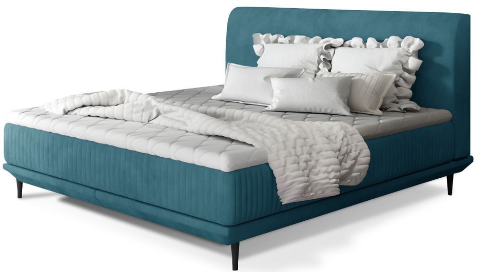 Lit boxspring 140x200 cm velours bleu canard sommier et matelas inclus Mastera - Photo n°1