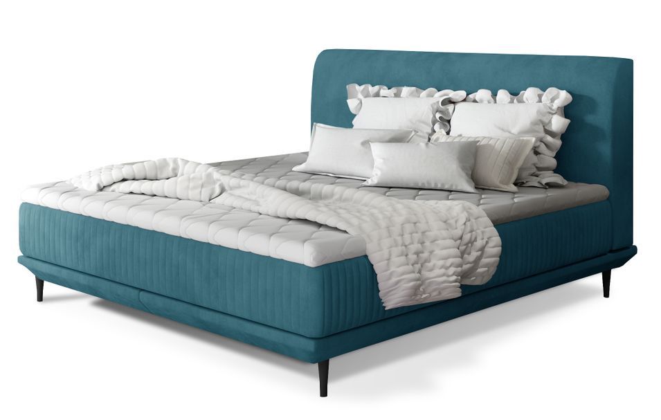 Lit boxspring 180x200 cm velours bleu canard sommier et matelas inclus Mastera - Photo n°1