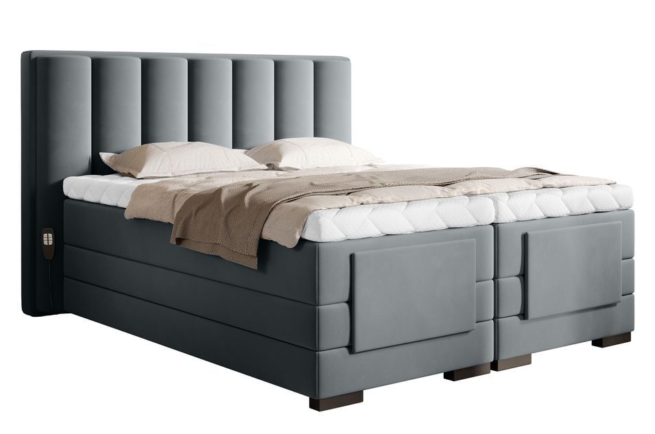 Lit boxspring électrique ARKOS en velours gris avec matelas et surmatelas - Photo n°1