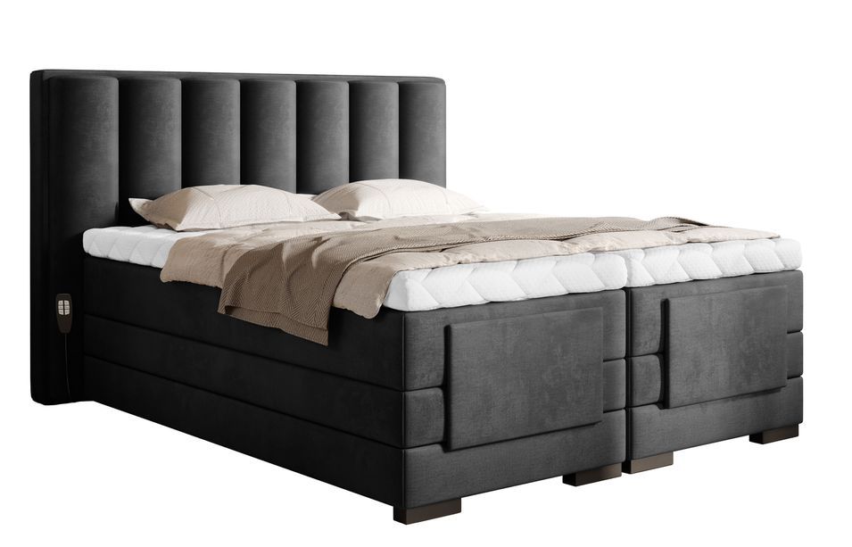 Lit boxspring électrique tissu anthracite avec matelas et surmatelas Arkos - Photo n°1