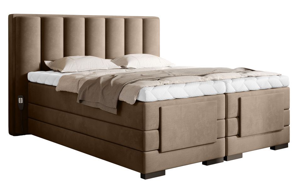 Lit boxspring électrique tissu beige avec matelas et surmatelas Arkos - Photo n°1
