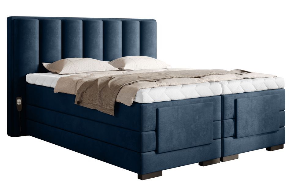 Lit boxspring électrique tissu bleu avec matelas et surmatelas Arkos - Photo n°1