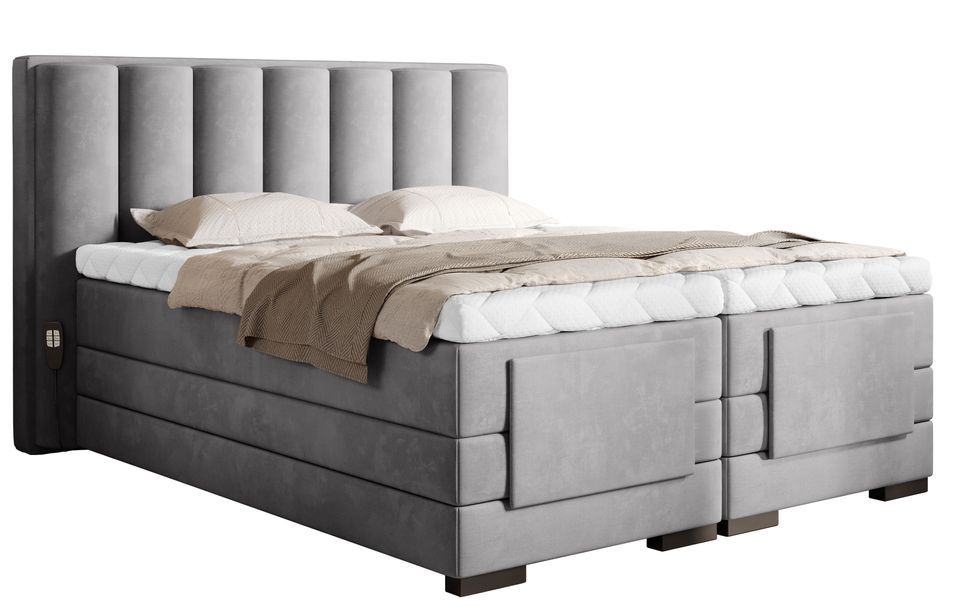 Lit boxspring électrique tissu gris clair avec matelas et surmatelas Arkos - Photo n°1