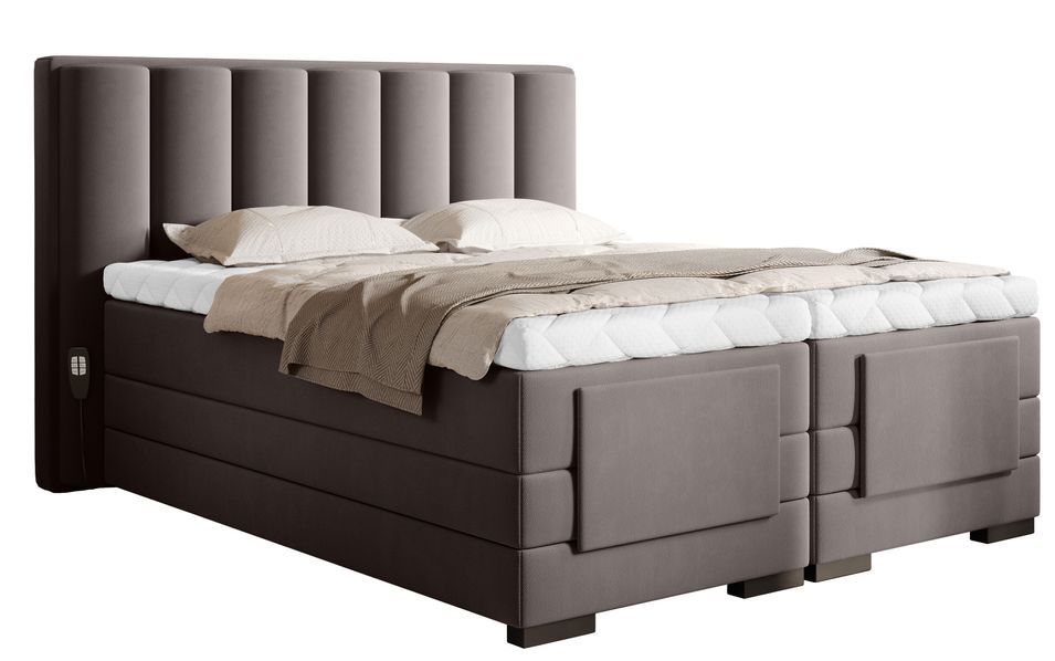 Lit boxspring électrique tissu marron clair avec matelas et surmatelas Arkos - Photo n°1