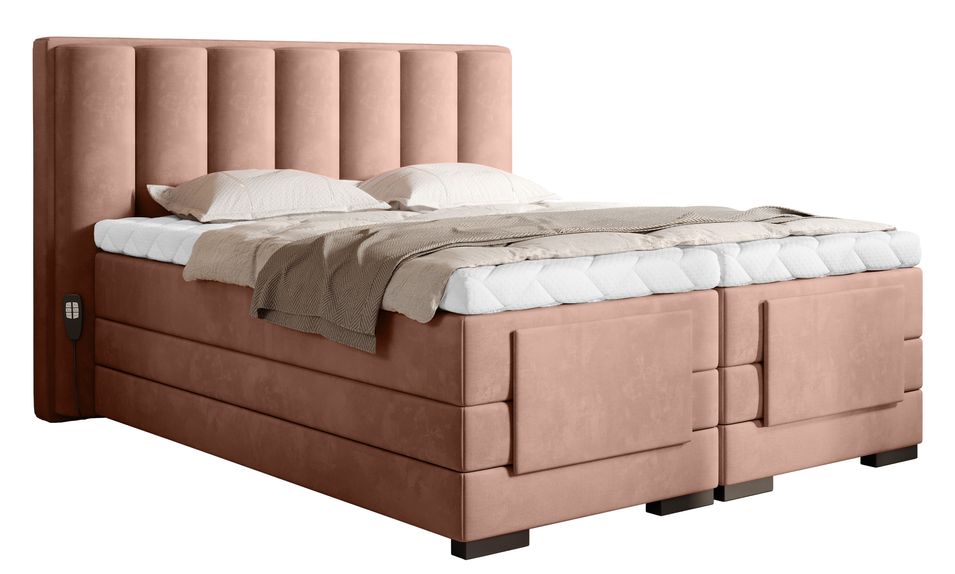Lit boxspring électrique tissu rose avec matelas et surmatelas Arkos - Photo n°1