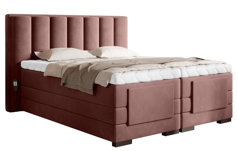 Lit boxspring électrique tissu rouille avec matelas et surmatelas Arkos - Photo n°1