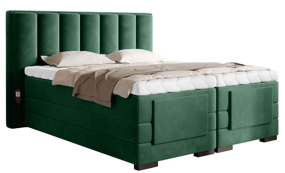 Lit boxspring électrique tissu vert avec matelas et surmatelas Arkos - Photo n°1