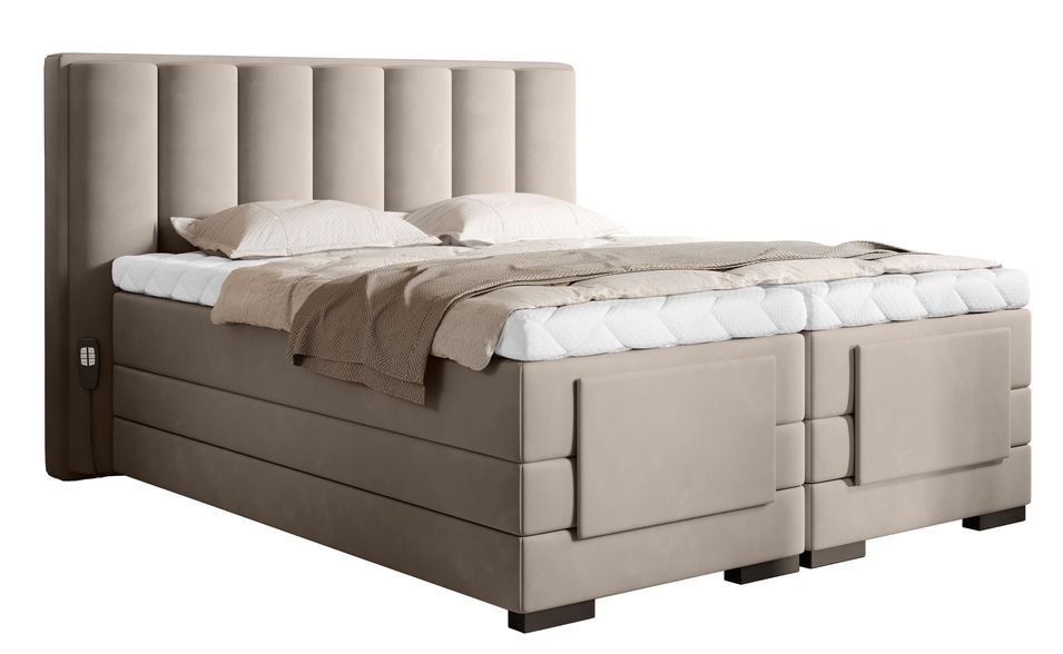 Lit boxspring électrique velours beige avec matelas et surmatelas Arkos - Photo n°1