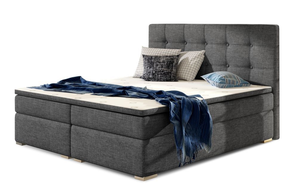 Lit boxspring tissu gris foncé avec matelas et surmatelas Kavin - Photo n°1