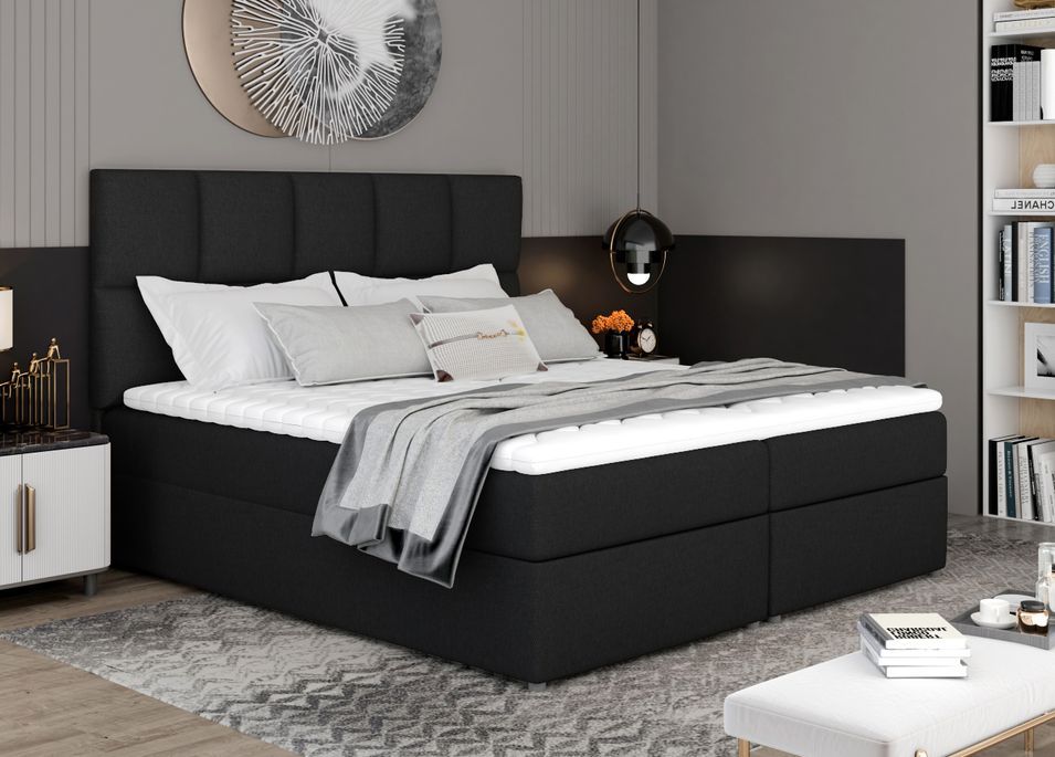 Lit boxspring tissu noir avec matelas et surmatelas Lizen - Photo n°1