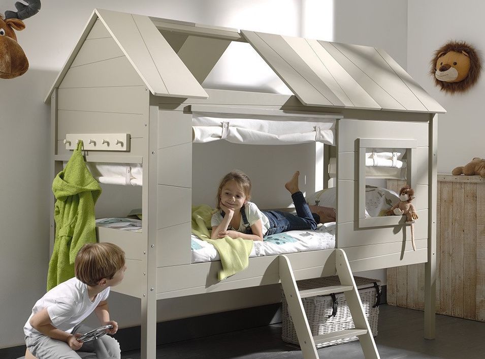 Lit cabane 90x200 cm avec rideau et sommier pin massif gris et taupe Charlotte - Photo n°1