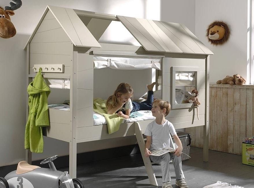 Lit cabane 90x200 cm avec rideau pin massif gris et taupe Charlotte - Photo n°1