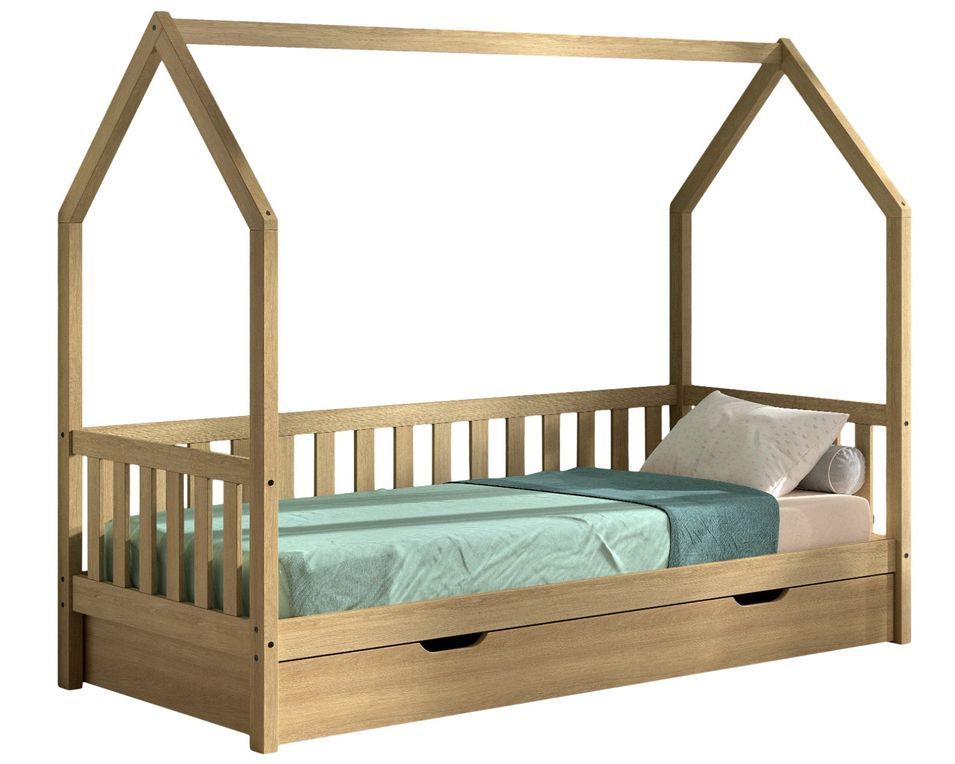 Lit cabane avec tiroir lit DALLAS 90x200 cm - Chêne massif naturel - Photo n°1