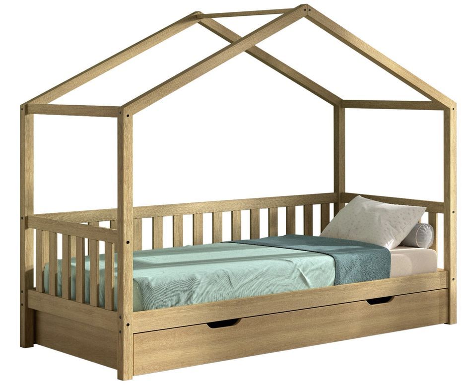 Lit cabane avec tiroir lit VIKAZ 90x200 cm - Chêne massif naturel - Photo n°1