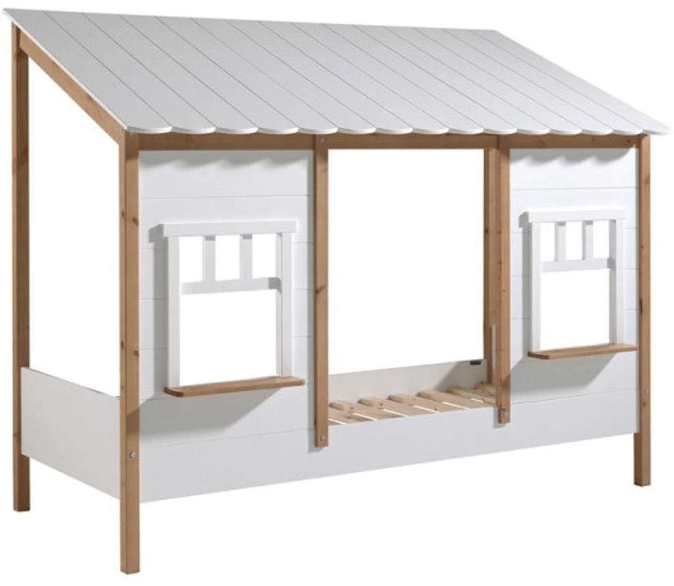 Lit cabane HOUSEBED 90x200 cm – Pin massif blanc & bois clair - Photo n°1