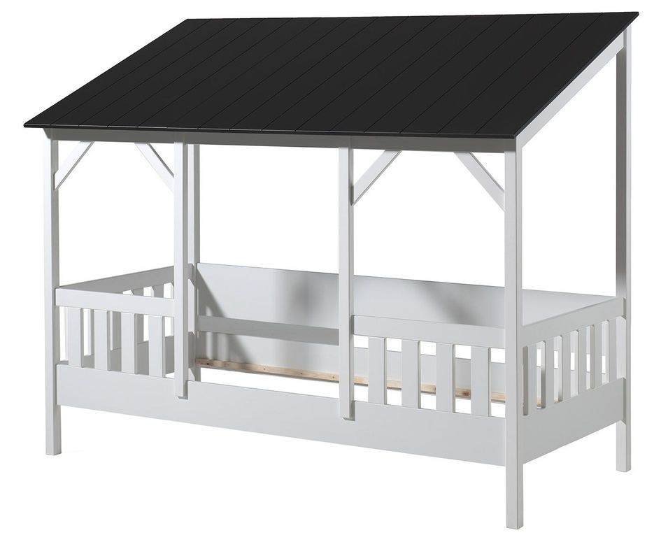 Lit cabane MILA 90x200 cm – Pin massif blanc & toit noir - Photo n°1