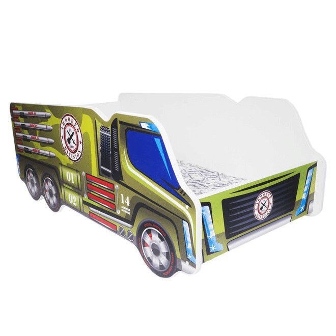 Lit camion army mélaminé vert 70x140 cm - Sommier et matelas inclus - Photo n°1