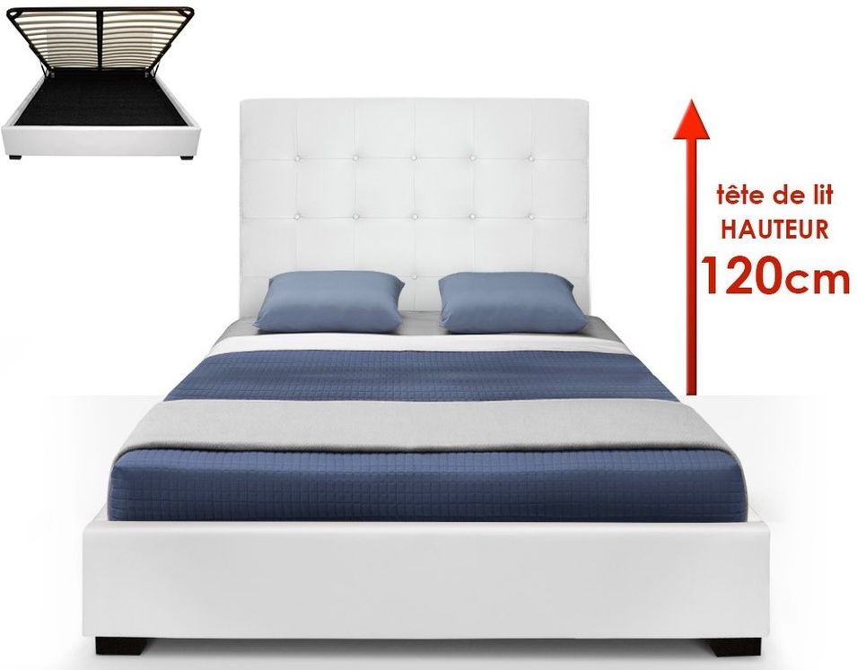 Lit capitonné avec coffre Simili Blanc Ruben 140 - Photo n°1