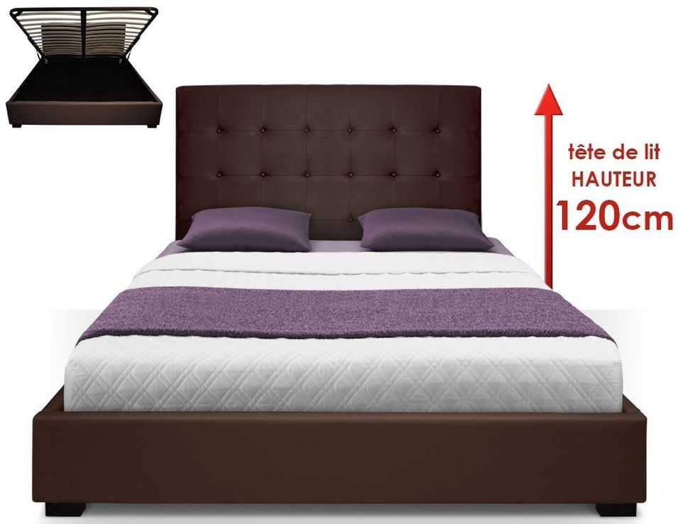 Lit capitonné avec coffre Simili Marron Ruben 160 - Photo n°1