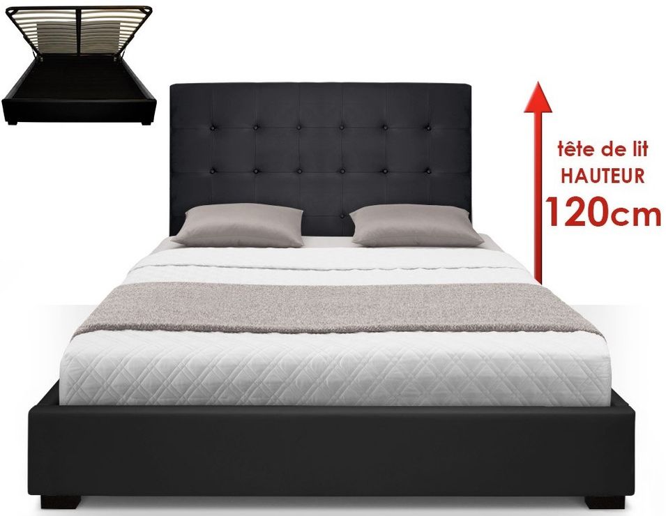 Lit capitonné avec coffre Simili Noir Ruben 160 - Photo n°1