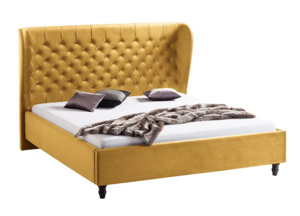 Lit capitonné tissu jaune moutarde Revour 140x200 cm - Photo n°1