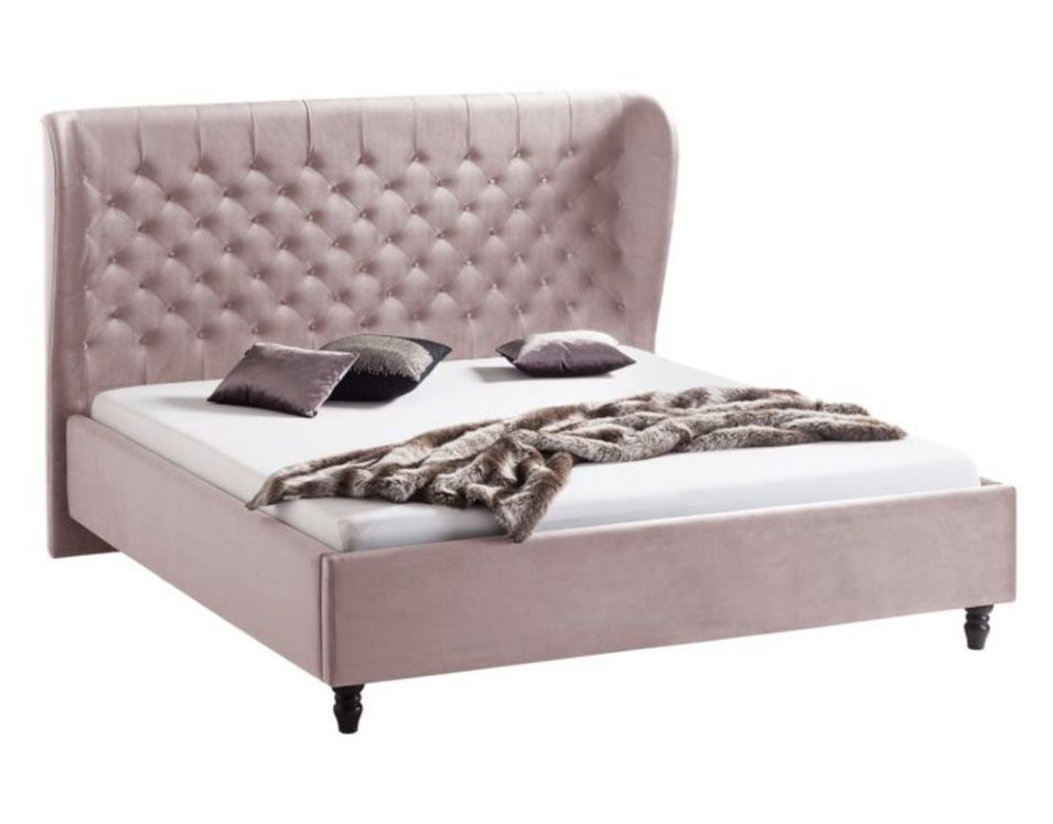 Lit capitonné tissu rose poudré Revour 140x200 cm - Photo n°1