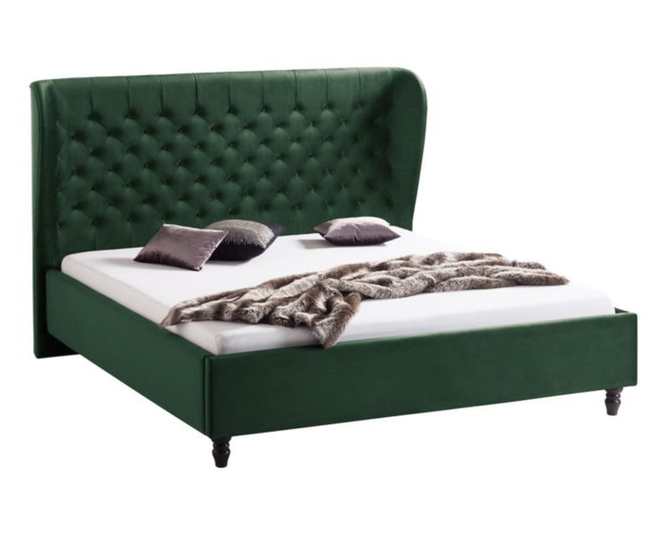 Lit capitonné tissu vert antique Revour 140x200 cm - Photo n°1