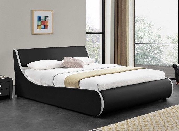 Lit coffre 140 x 190 cm simili cuir gris mat liseré blanc Asora - Photo n°1