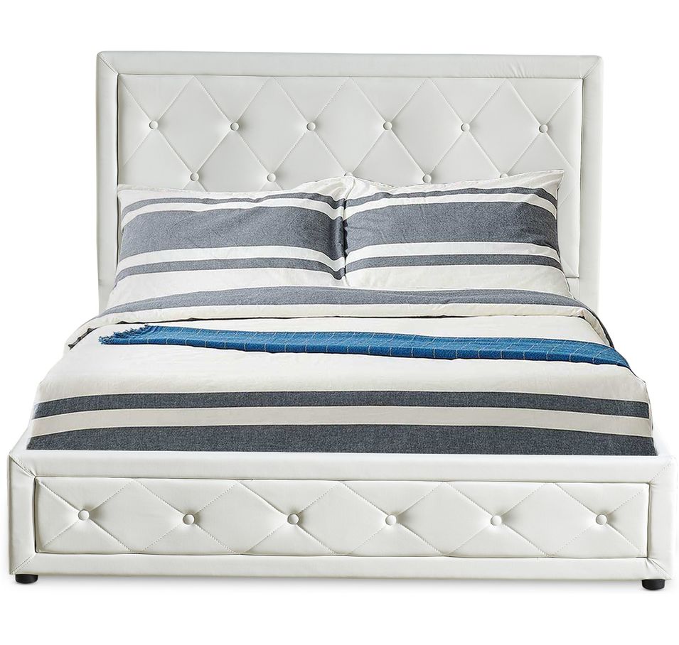 Lit coffre 140x190 cm simili cuir blanc capitonné Maldi - Photo n°1