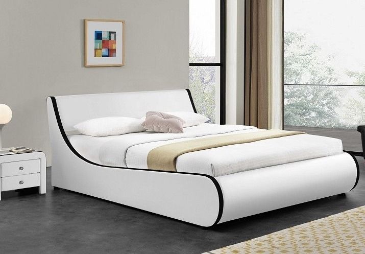 Lit coffre 140x190 cm simili cuir blanc mat liseré noir Asora - Photo n°1